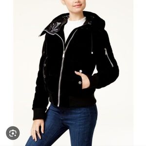 BCBGeneration Down Hooded Parka in Midnight Blue Velvet, size Small